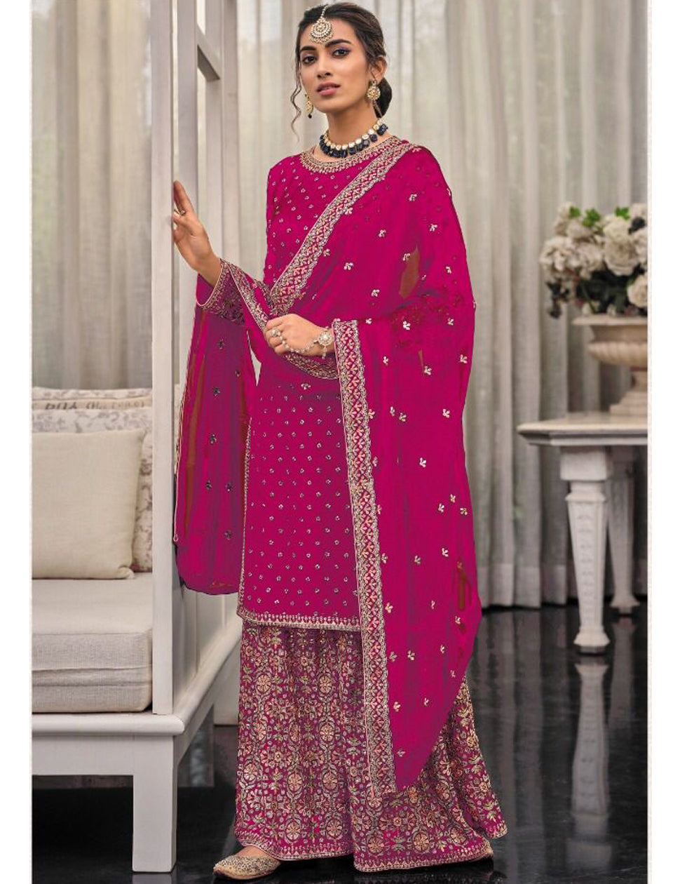Pink Georgette Embroidered Sequance Pakistani Sharara Suit