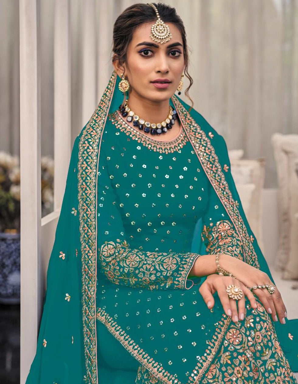Turquoise Georgette Embroidered Sequance Pakistani Sharara Suit