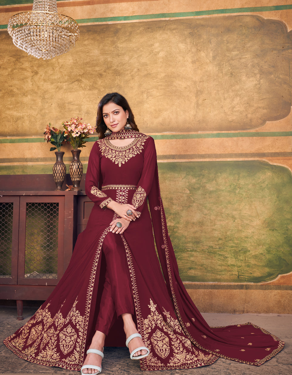 Step Out in Style Embroidered Georgette Wine Maroon Anarkali Suit LSTV119708