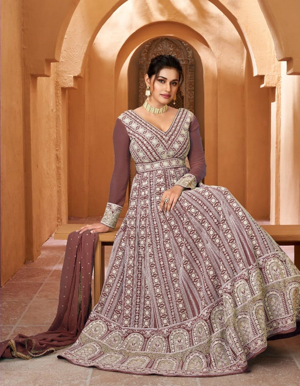 Brown Georgette Embroidered Party Wear Gown With Dupatta