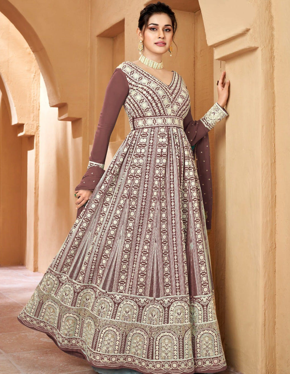 Brown Georgette Embroidered Party Wear Gown With Dupatta 