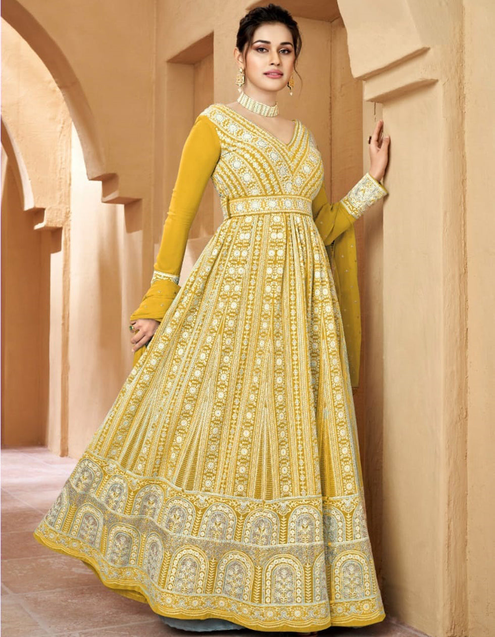 Yellow Georgette Embroidered Party Wear Gown With Dupatta 
