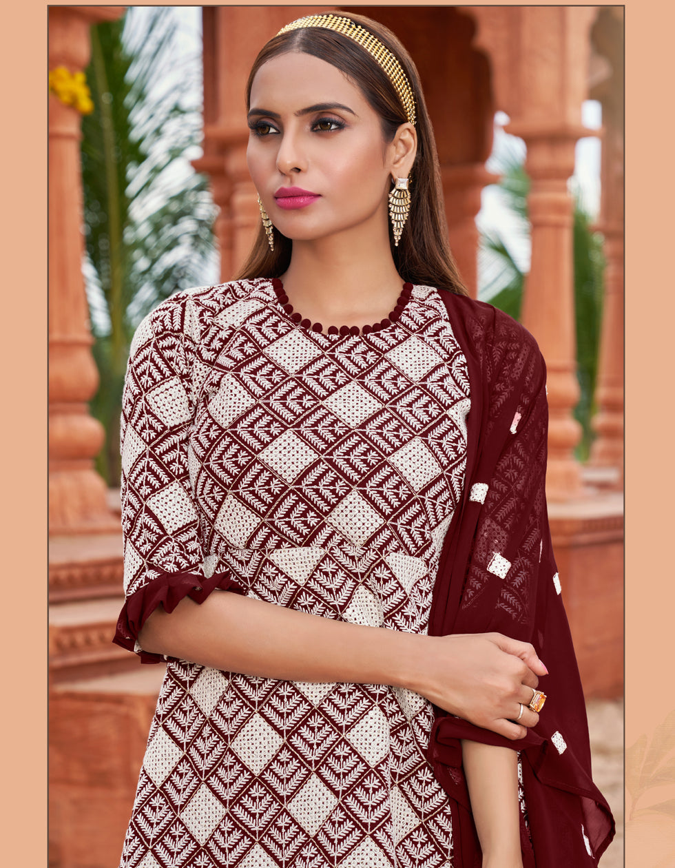 Maroon Georgette Embroidred With Party Wear Indo Western