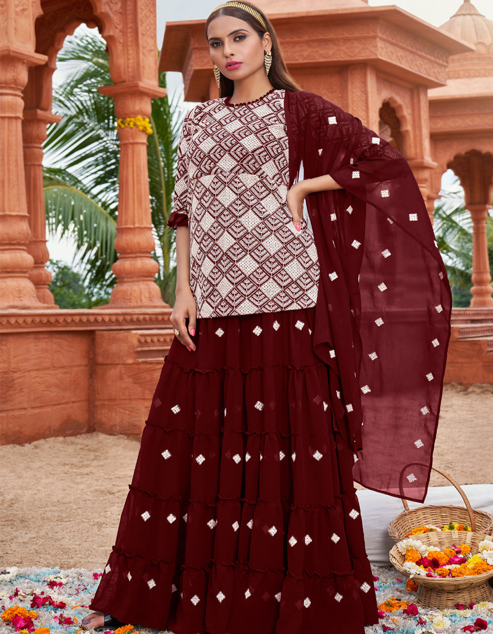 Maroon Georgette Embroidred With Party Wear Indo Wester