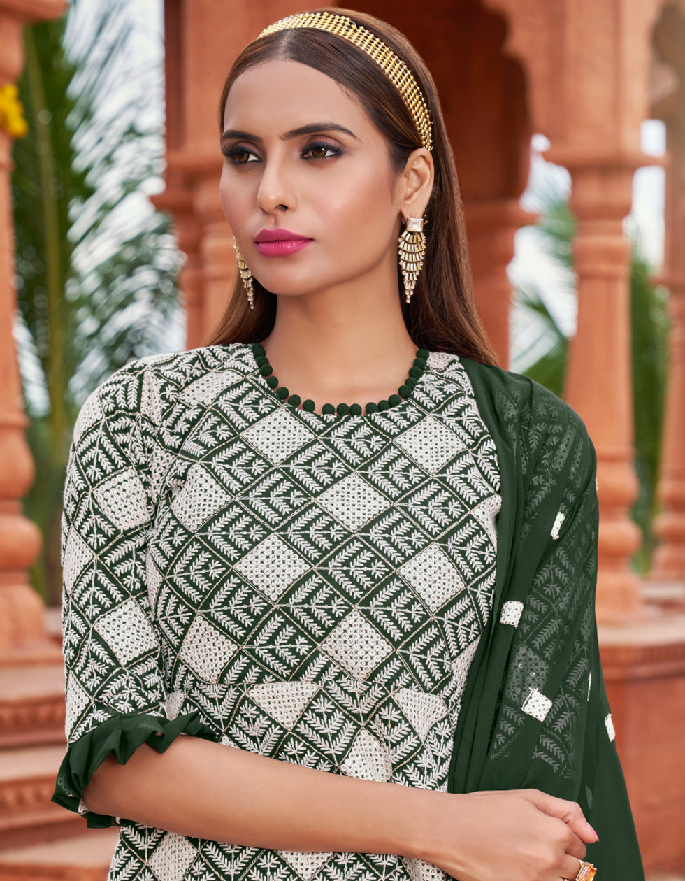 Green Georgette Embroidred With Party Wear Indo Western