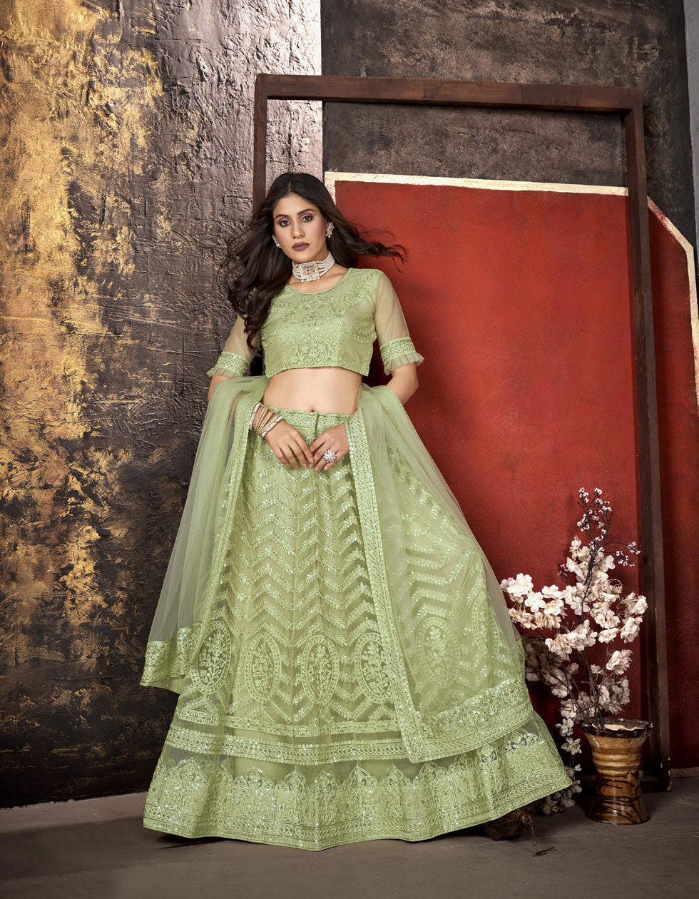 Green Net Embroidered Sequance Work Party Wear Lehenga Choli