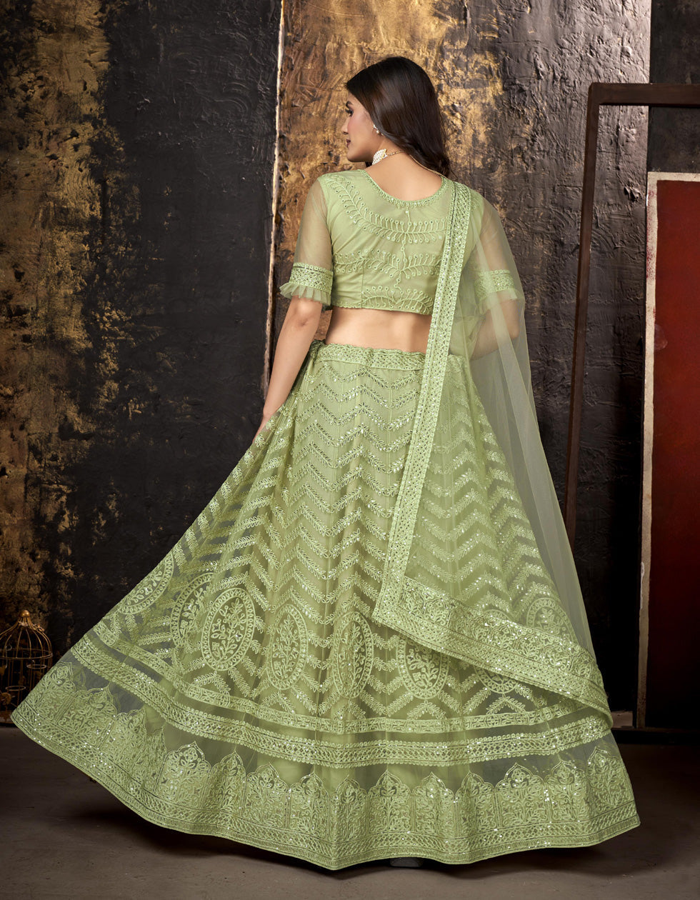 Green Net Embroidered Sequance Work Party Wear Lehenga Choli
