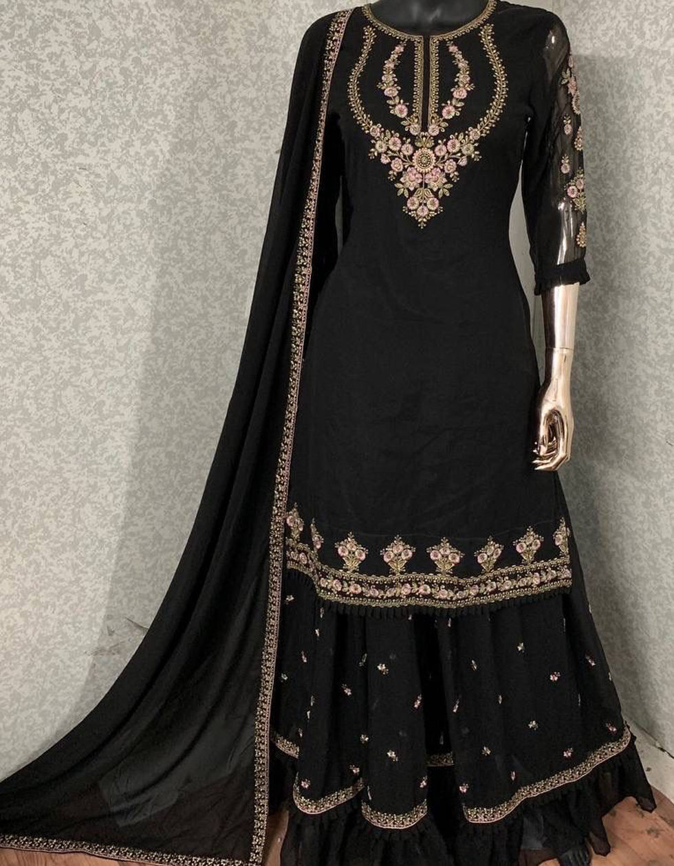 Black Faux Georgette Embroidered Party Wear Gharara Suit