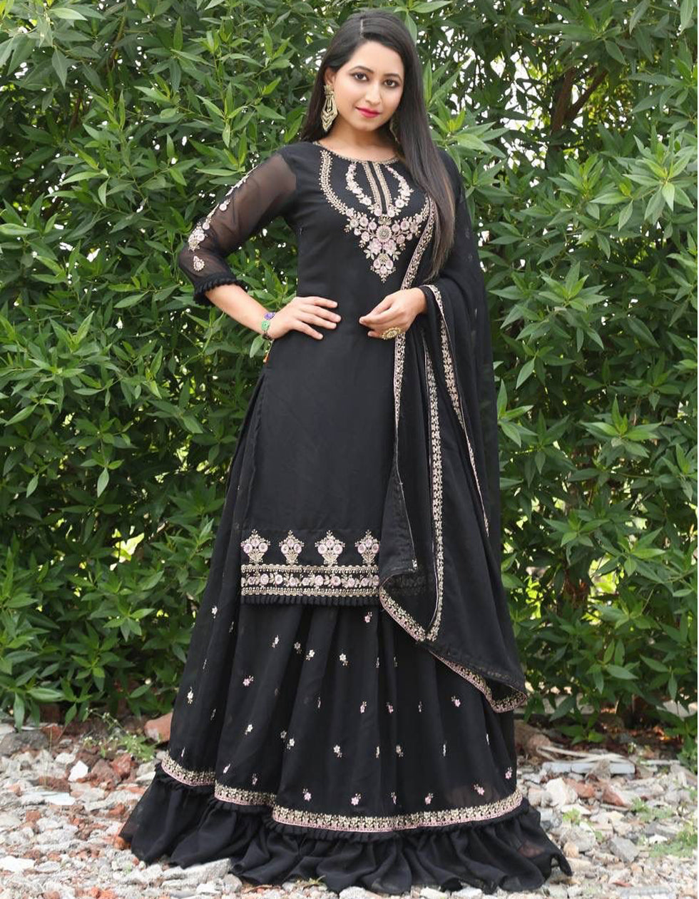 Black Faux Georgette Embroidered Party Wear Salwar Suit