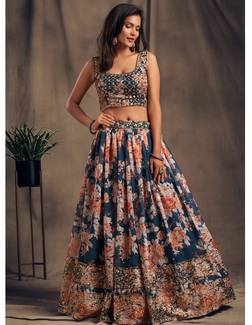 Turquoise Organza Embroidered With Floral Digital Printed Wedding Wear Lehenga Choli
