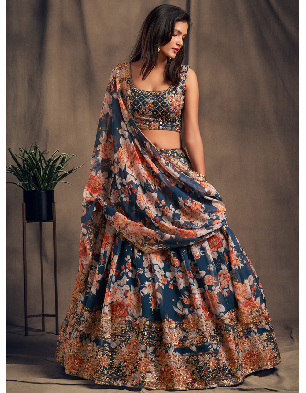 Turquoise Organza Embroidered With Floral Digital Printed Wedding Wear Lehenga Choli