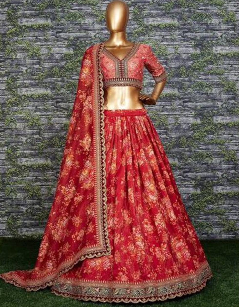 Red Organza Embroidered With Floral Digital Printed Wedding Wear Lehenga Choli