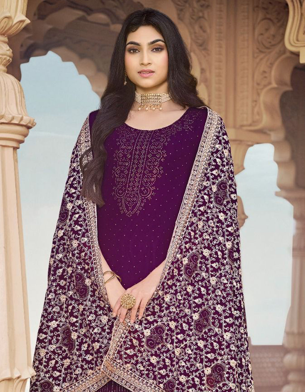 Amazing Wine Georgette Salwar Suit With Matching Dupatta