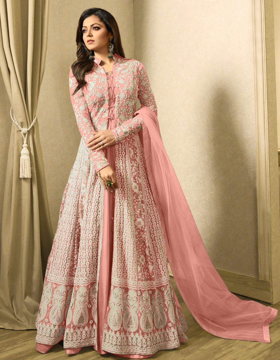 Beautiful Embroidered Peach Net Floor Length Gown