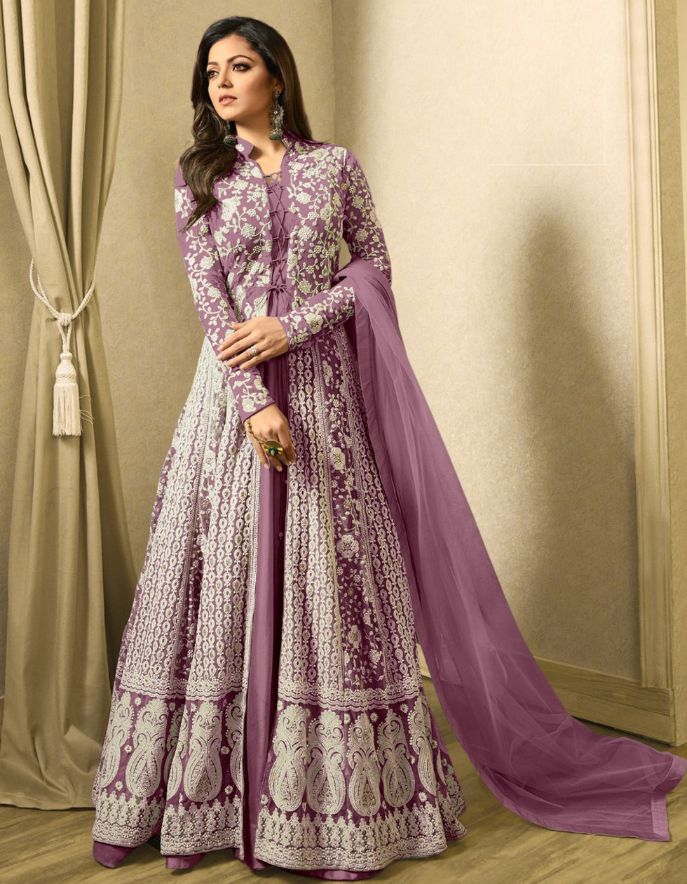 Beautiful Embroidered Purple Net Floor Length Gown