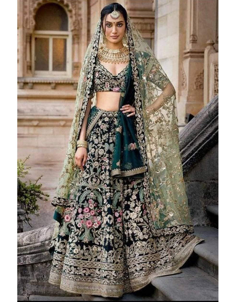 Bridal Wear Dark Green Malai Satin Lehenga Choli With Heavy Work
