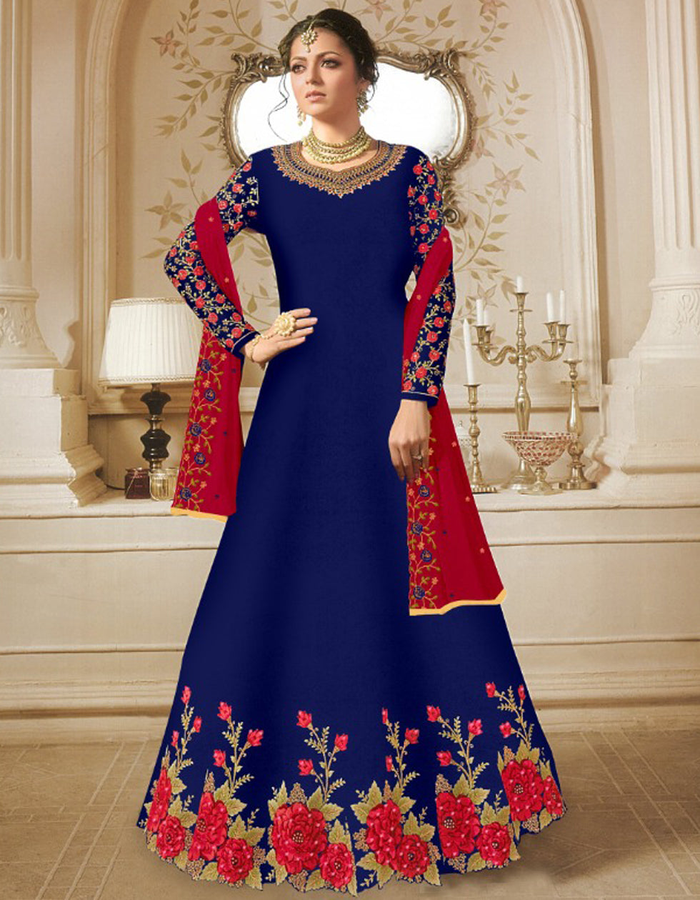 Designer Blue Georgette Gown With Embroidery Work