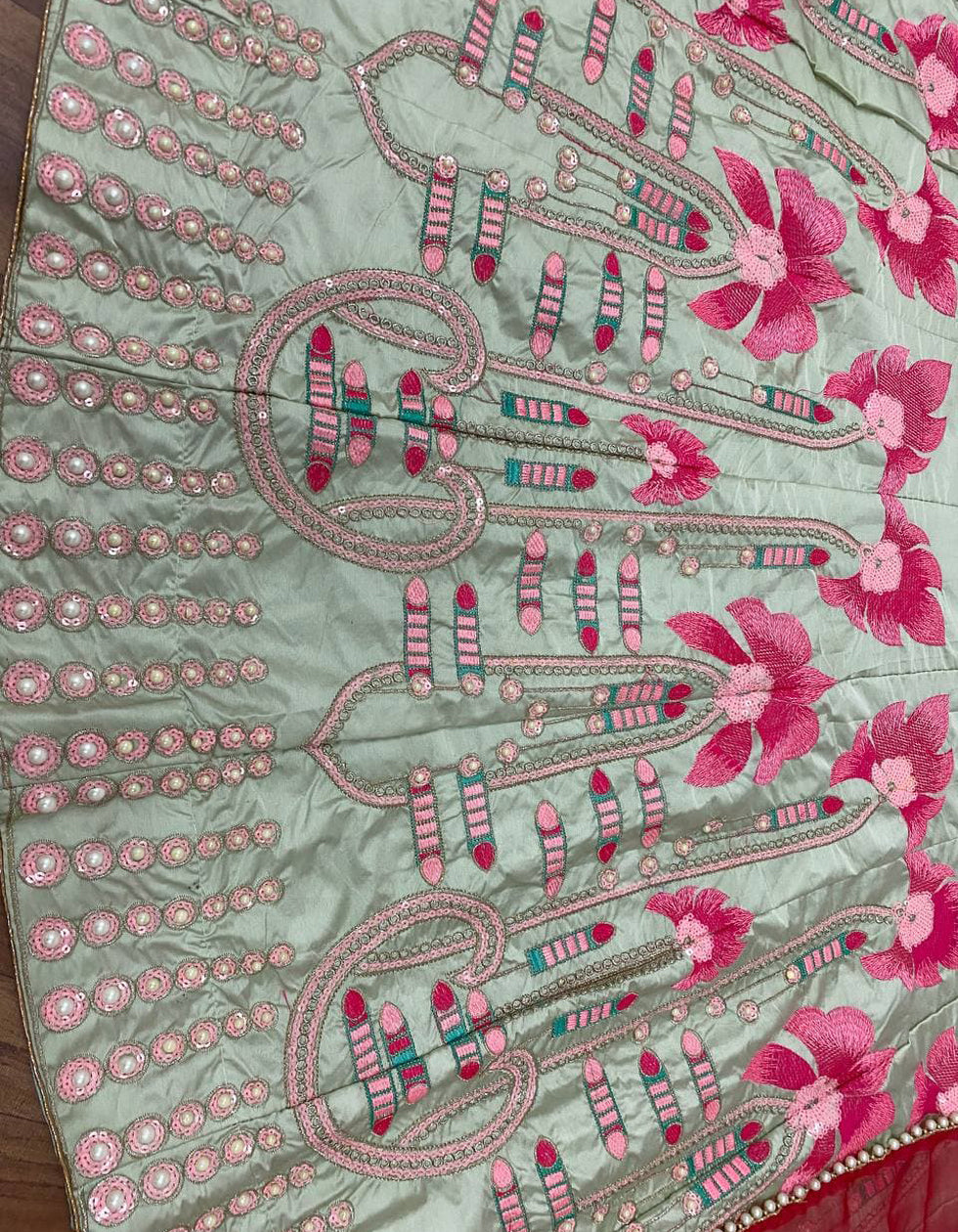 Designer Pista Green Heavy Embroidered Malai Satin Lehenga Choli