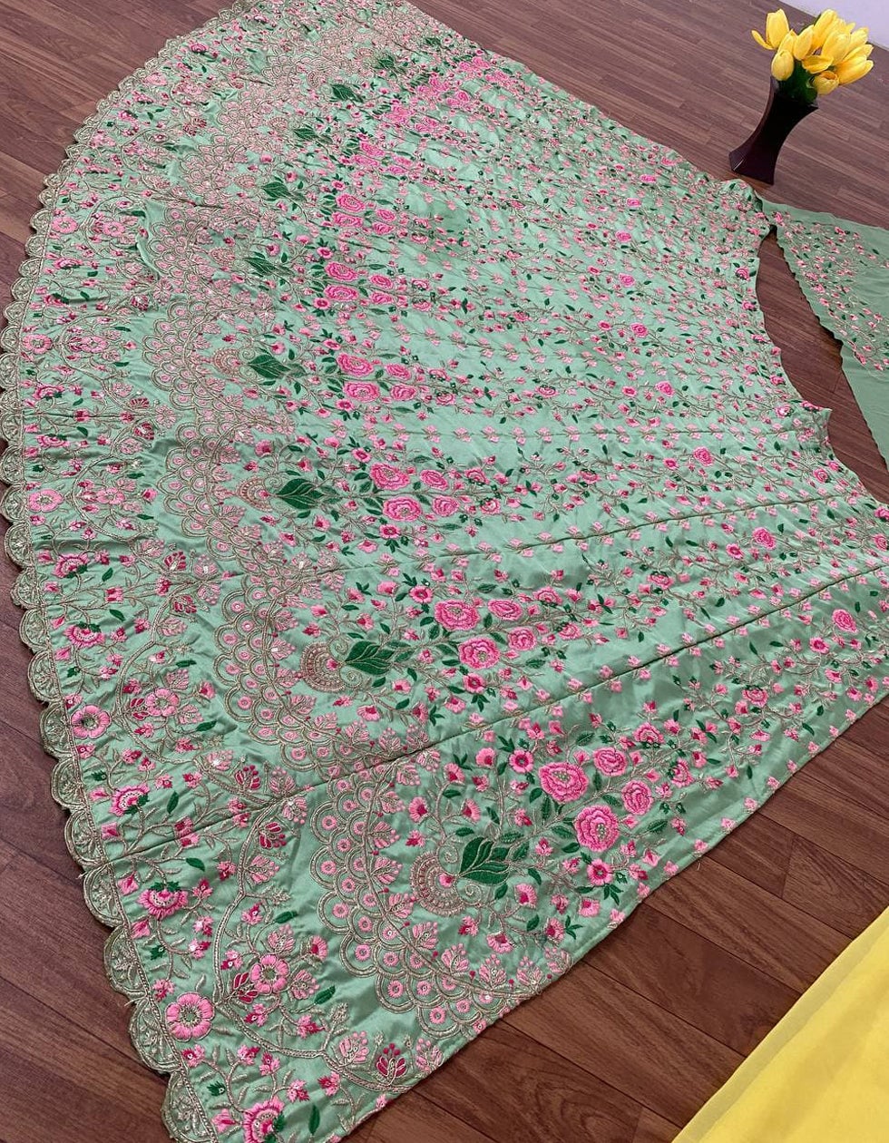 Designer Pista Green Satin Silk Floral Embroidery Lehenga Choli