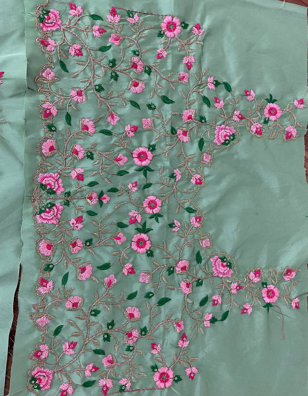 Designer Pista Green Satin Silk Floral Embroidery Lehenga Choli