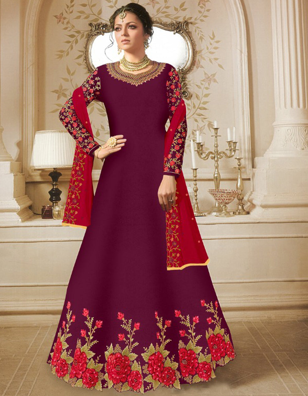 Designer Wine Georgette Gown With Embroidery Work