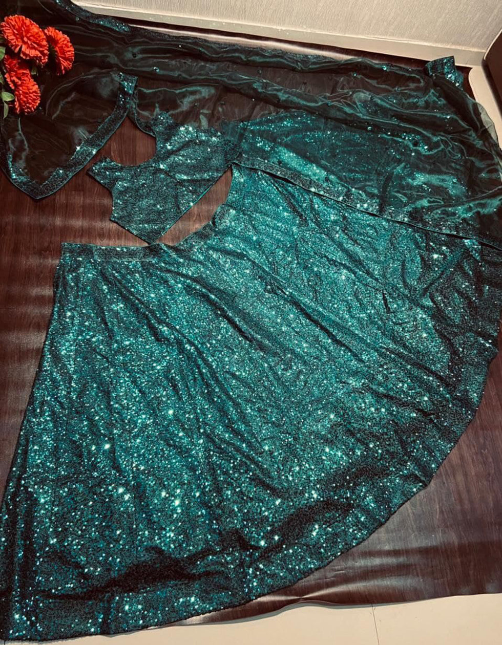Fancy Turquoise Satin Silk Sequins Lehenga Choli