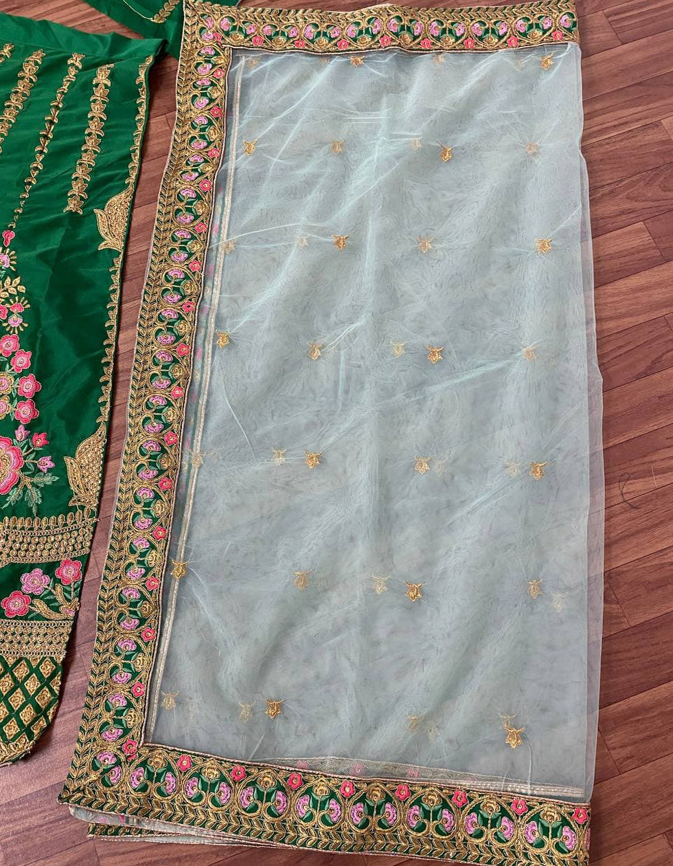 Heavy Embroidered Green Malai Satin Bridal Wear Lehenga Choli