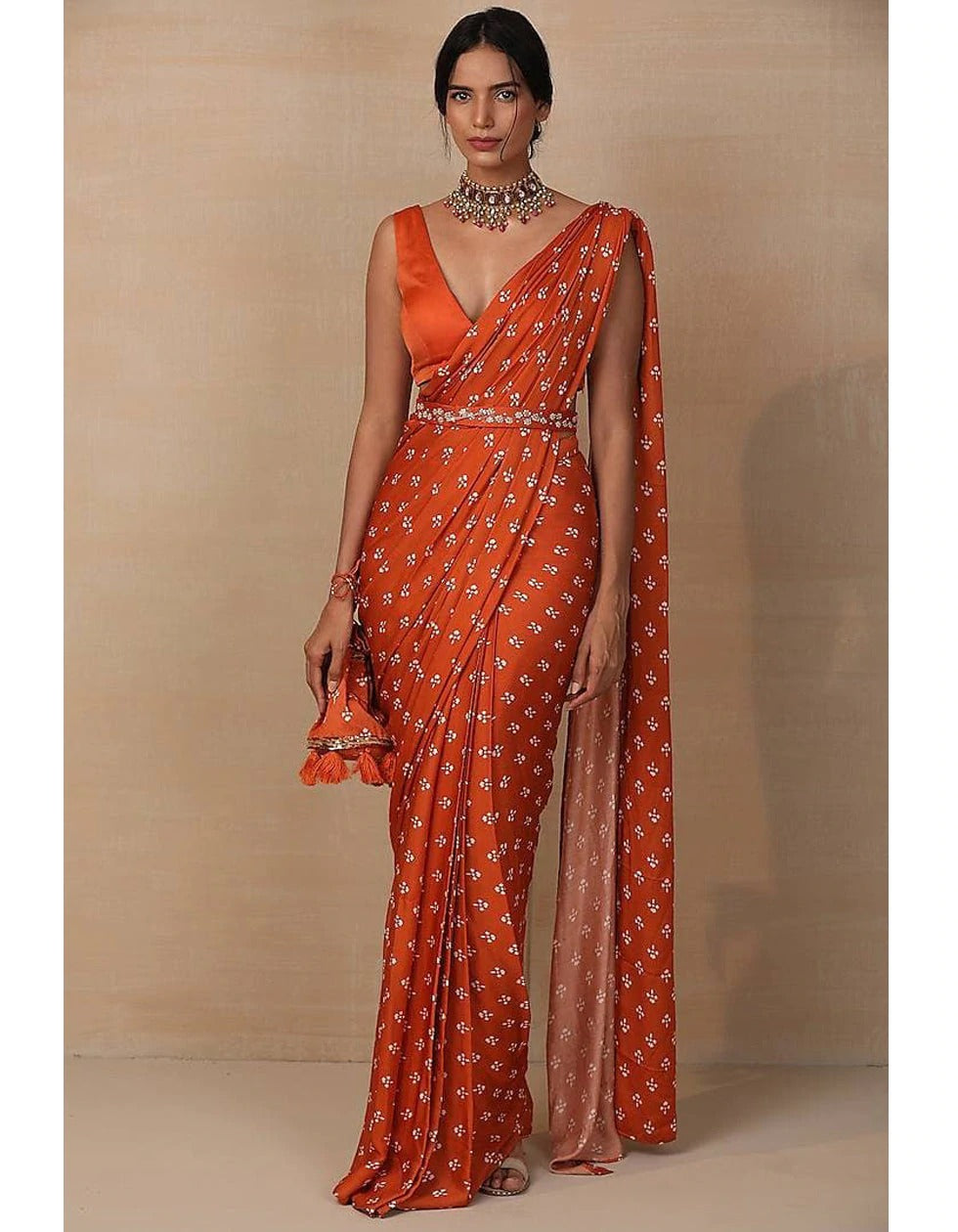 Orange Satin Silk Wedding Saree With Waist Belt
