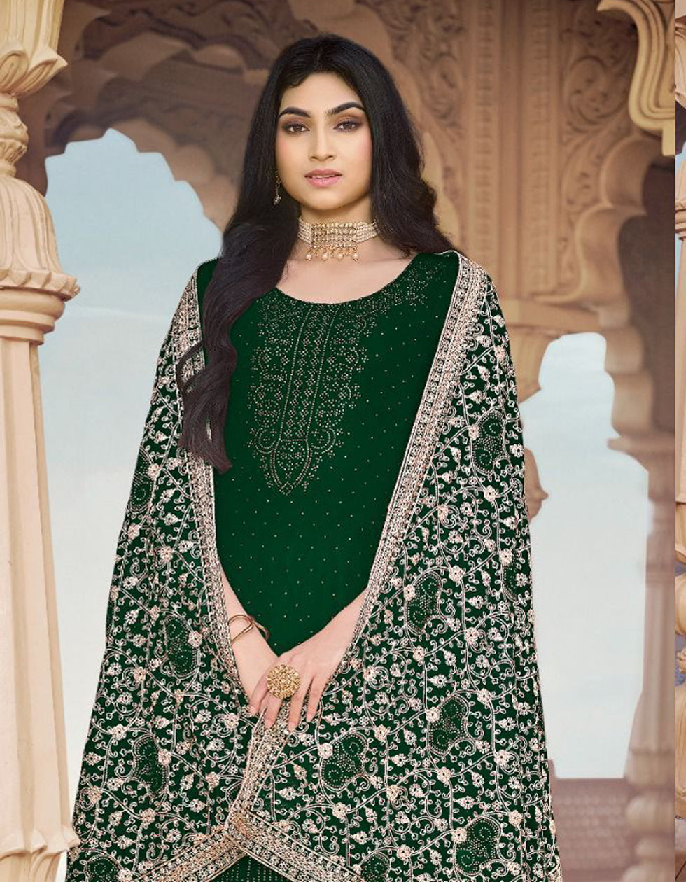 Stylish Dark Green Georgette Salwar Suit With Heavy Dupatta