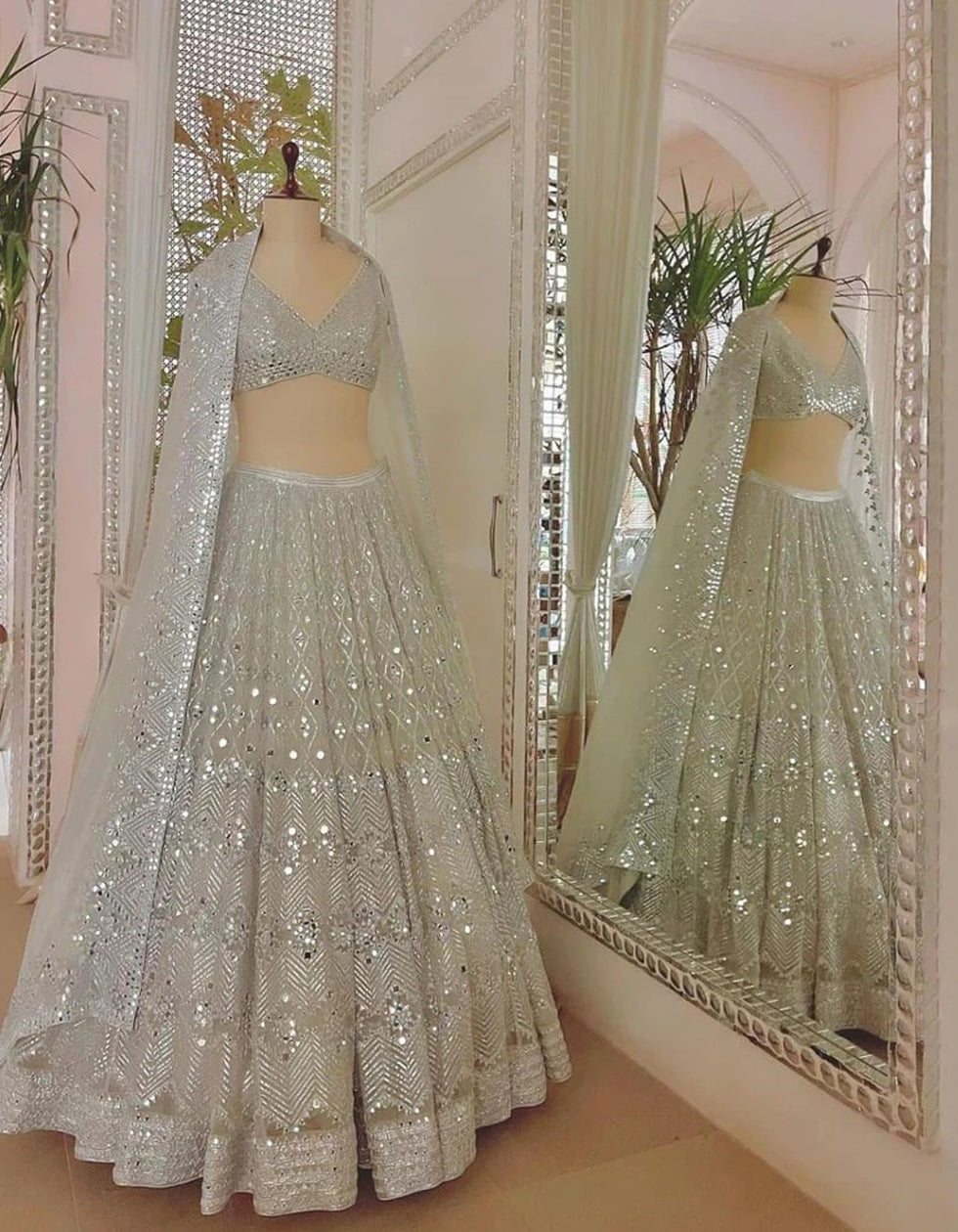 White Georgette Sequence Work With Real Mirror Lehenga Choli