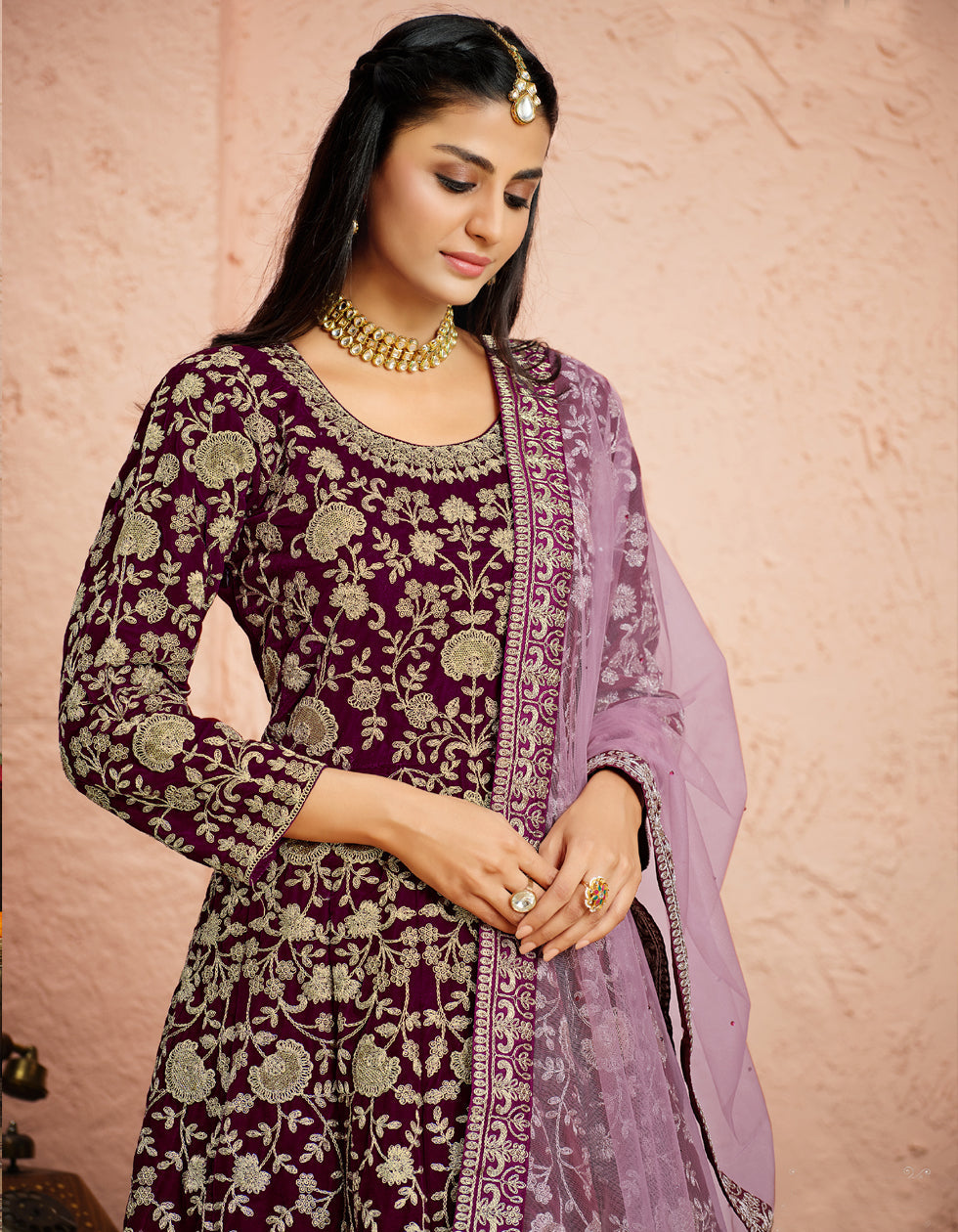 Wine Color Velvet Embroidery Work Gown With Net Dupatta
