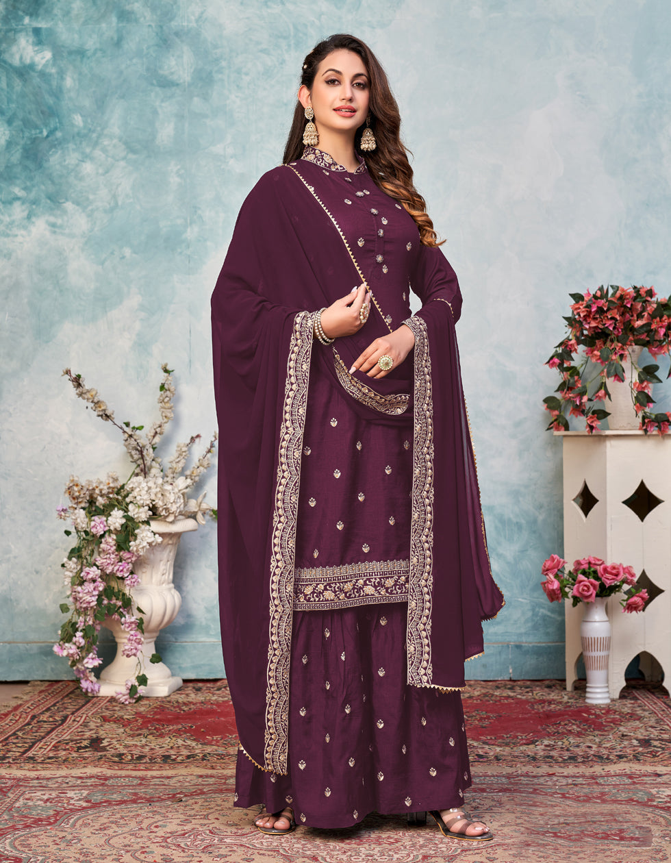 Wine Art Silk Wedding Wear Salwar Suit