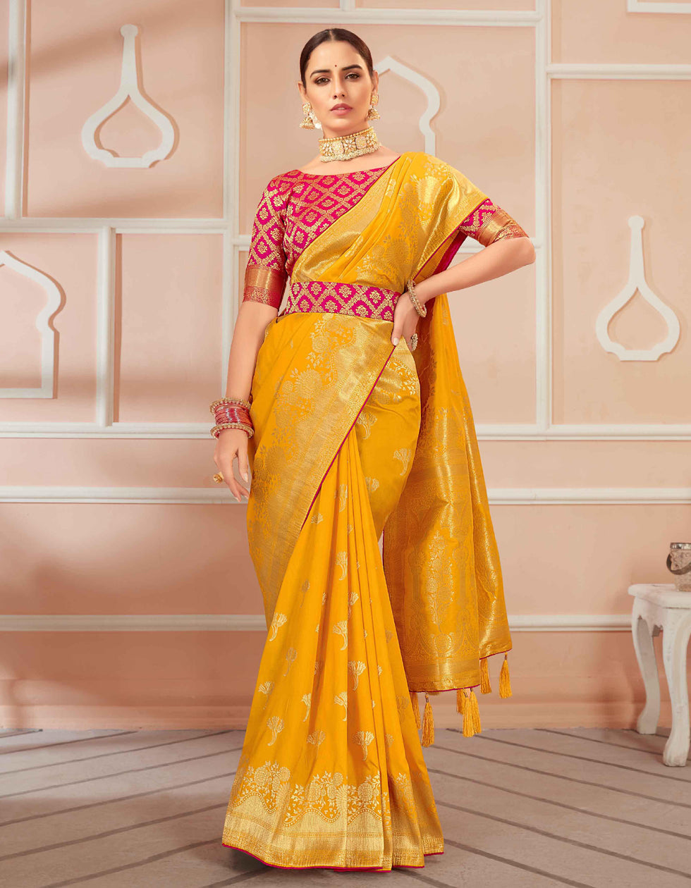 Yellow Banarasi Silk Saree For Haldi Function